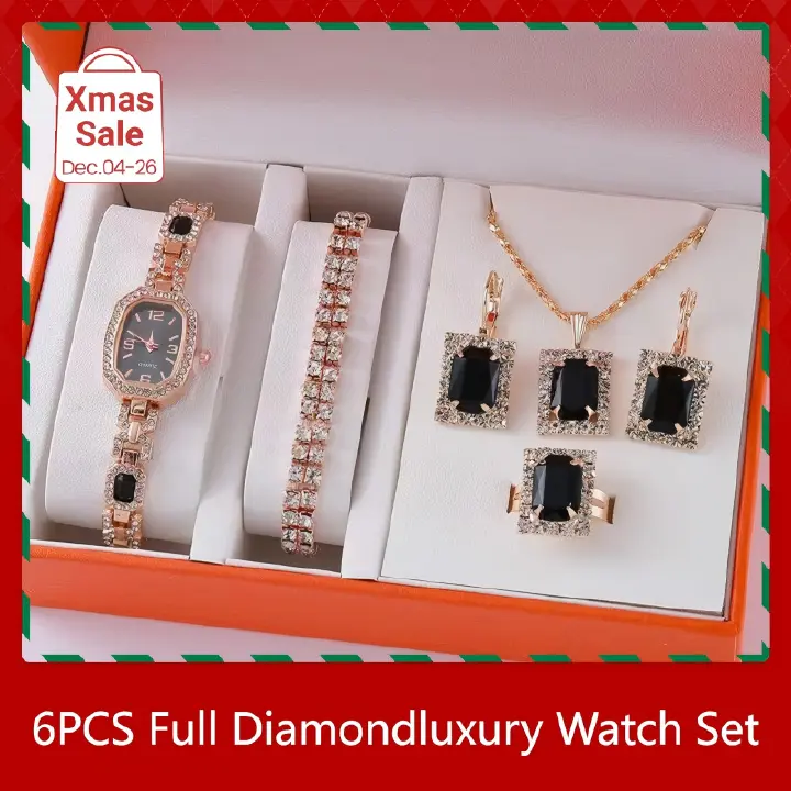 Ladies'Watch Square Inlaid Diamond Steel Strap Ring Necklace Earrings Double Row Full Diamond Bracelet Set Exquisite Elite Elegant Ladies' Casual Diamond Quartz Watch Jewelry Set For Gift Daily Wear
