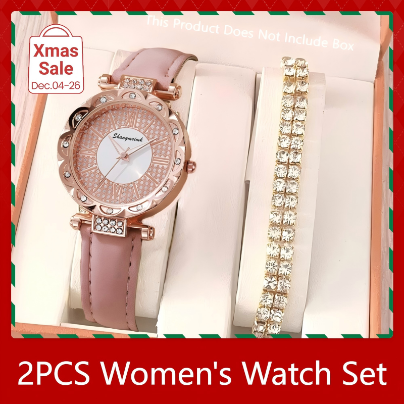 UPHUI 2Pcs Women's Watch Full Diamond Bracelet Set Starry Sky Leather Strap Quartz Watch Women's Fashion Business Wristwatch