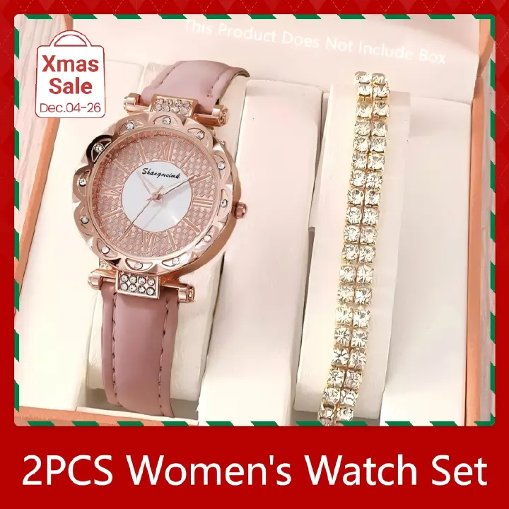UPHUI 2Pcs Women's Watch Full Diamond Bracelet Set Starry Sky Leather Strap Quartz Watch Women's Fashion Business Wristwatch