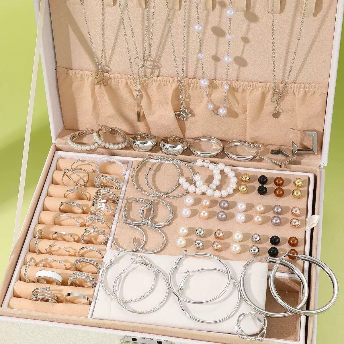 85PCS Luxury Jewelry Set Pearl Necklace Set Fashion Ring and Earring Set Diamond and Pearl Earring Set Elegant Zircon Pendant Earring Necklace Women's Daily Jewelry Gift for Friends