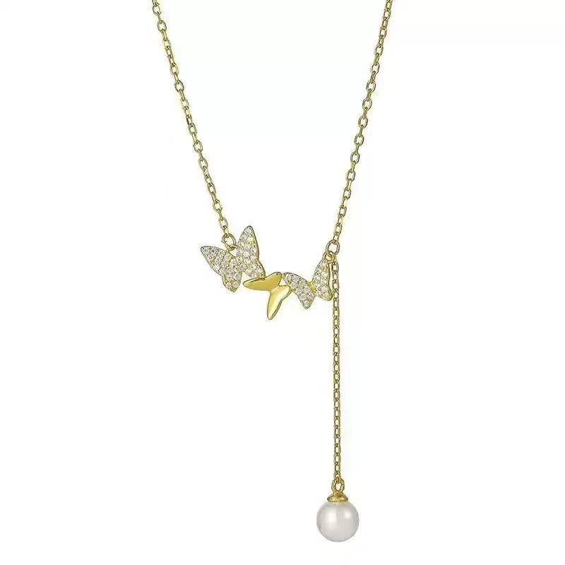 Ladies' Necklace Diamond Butterfly Synthetic Pearl Tassel Necklace Design Fashionable Butterfly Necklace