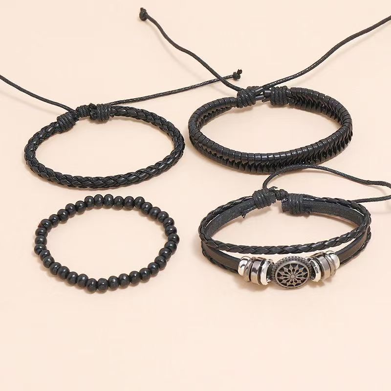 UPHUI 4PCS Black Leather Bracelet Vintage Punk Style Bead Leather Bracelet Multilayer Chunky Wrap Bracelet Woven Leather Cross Guitar Flower Cuff Bracelet for Men and Women