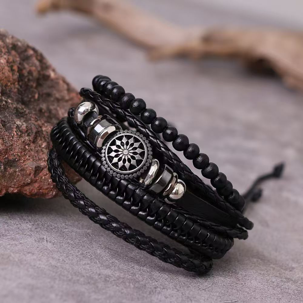UPHUI 4PCS Black Leather Bracelet Vintage Punk Style Bead Leather Bracelet Multilayer Chunky Wrap Bracelet Woven Leather Cross Guitar Flower Cuff Bracelet for Men and Women
