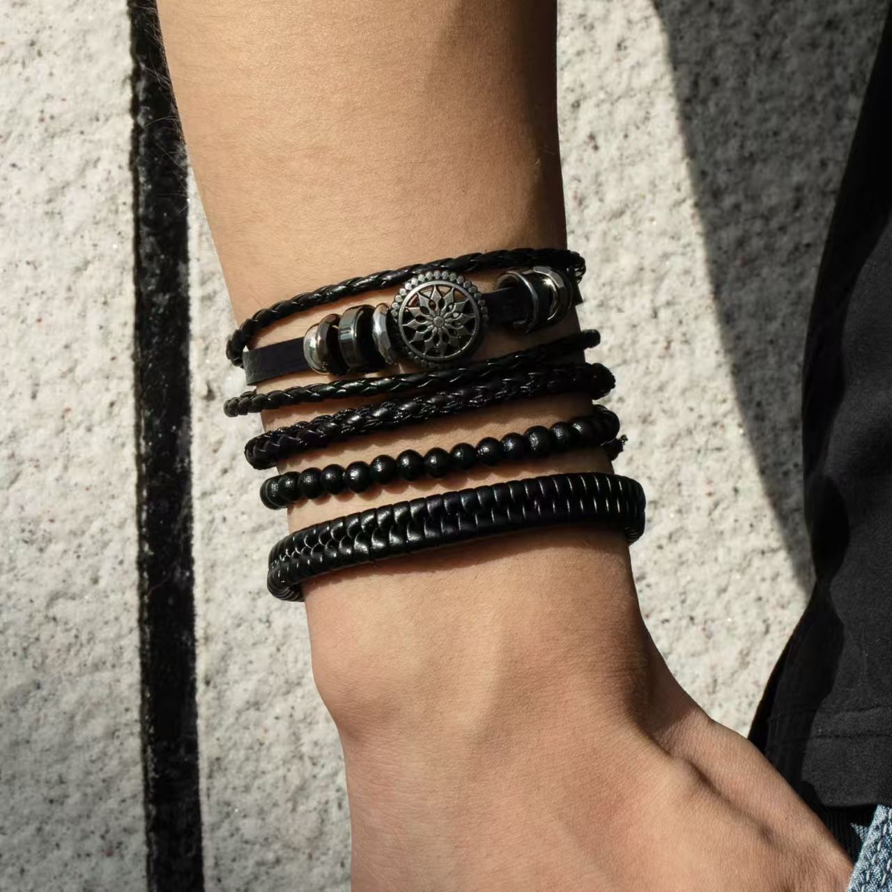 UPHUI 4PCS Black Leather Bracelet Vintage Punk Style Bead Leather Bracelet Multilayer Chunky Wrap Bracelet Woven Leather Cross Guitar Flower Cuff Bracelet for Men and Women