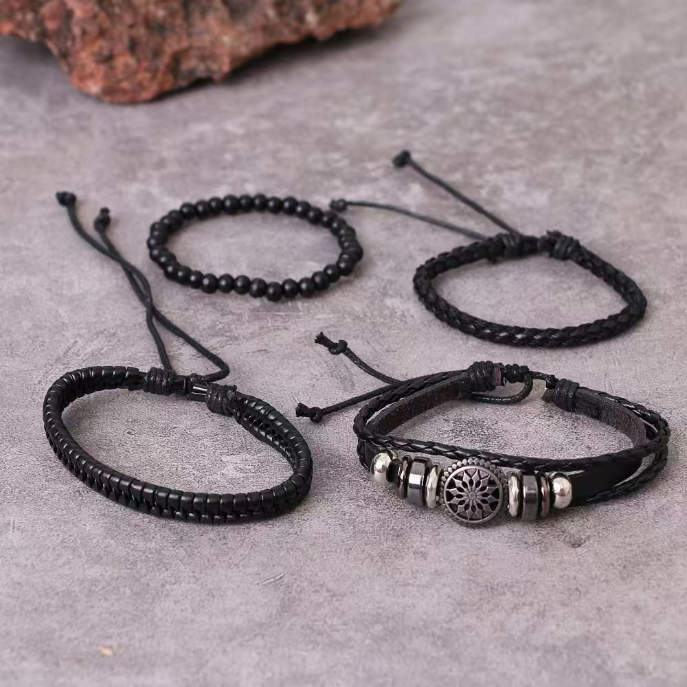 UPHUI 4PCS Black Leather Bracelet Vintage Punk Style Bead Leather Bracelet Multilayer Chunky Wrap Bracelet Woven Leather Cross Guitar Flower Cuff Bracelet for Men and Women