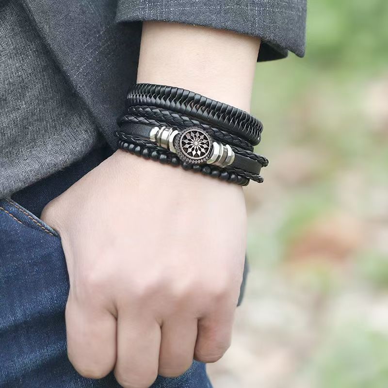 UPHUI 4PCS Black Leather Bracelet Vintage Punk Style Bead Leather Bracelet Multilayer Chunky Wrap Bracelet Woven Leather Cross Guitar Flower Cuff Bracelet for Men and Women