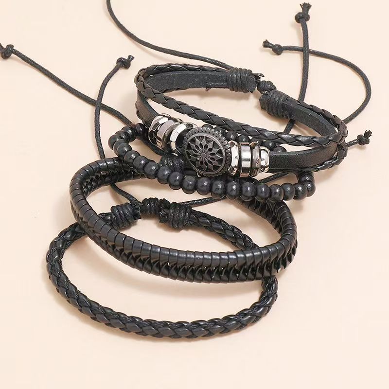 UPHUI 4PCS Black Leather Bracelet Vintage Punk Style Bead Leather Bracelet Multilayer Chunky Wrap Bracelet Woven Leather Cross Guitar Flower Cuff Bracelet for Men and Women