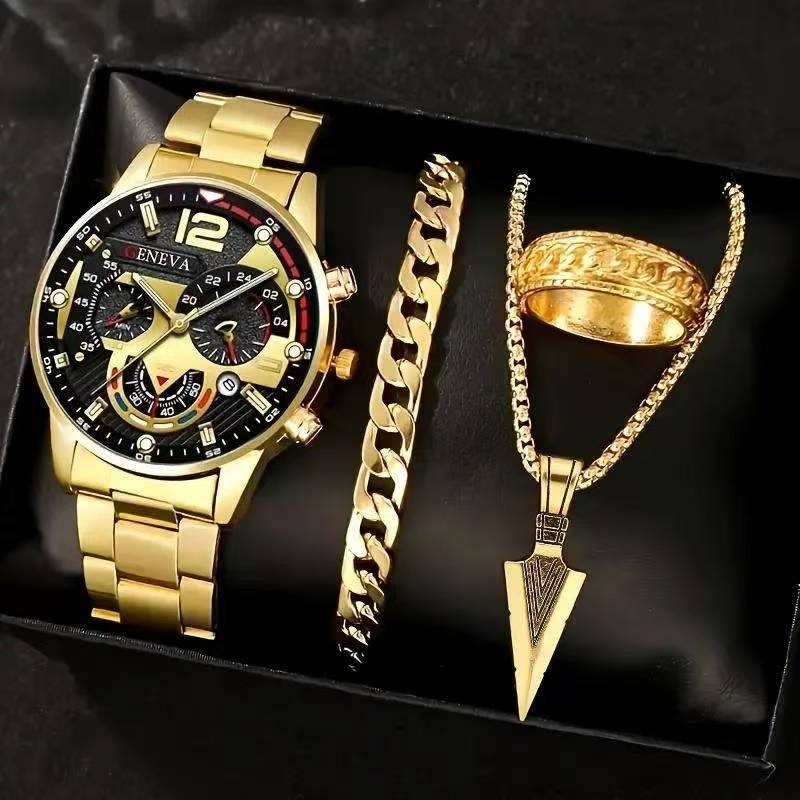 4PCS Men's Watch Set  Jewelry Set Gold Plated Bracelet Necklace Ring Combo Luxury Business Casual Fashion Wristwatch Set For Daily Wear Party Nightclub Dating Birthday Anniversary Gift For Him