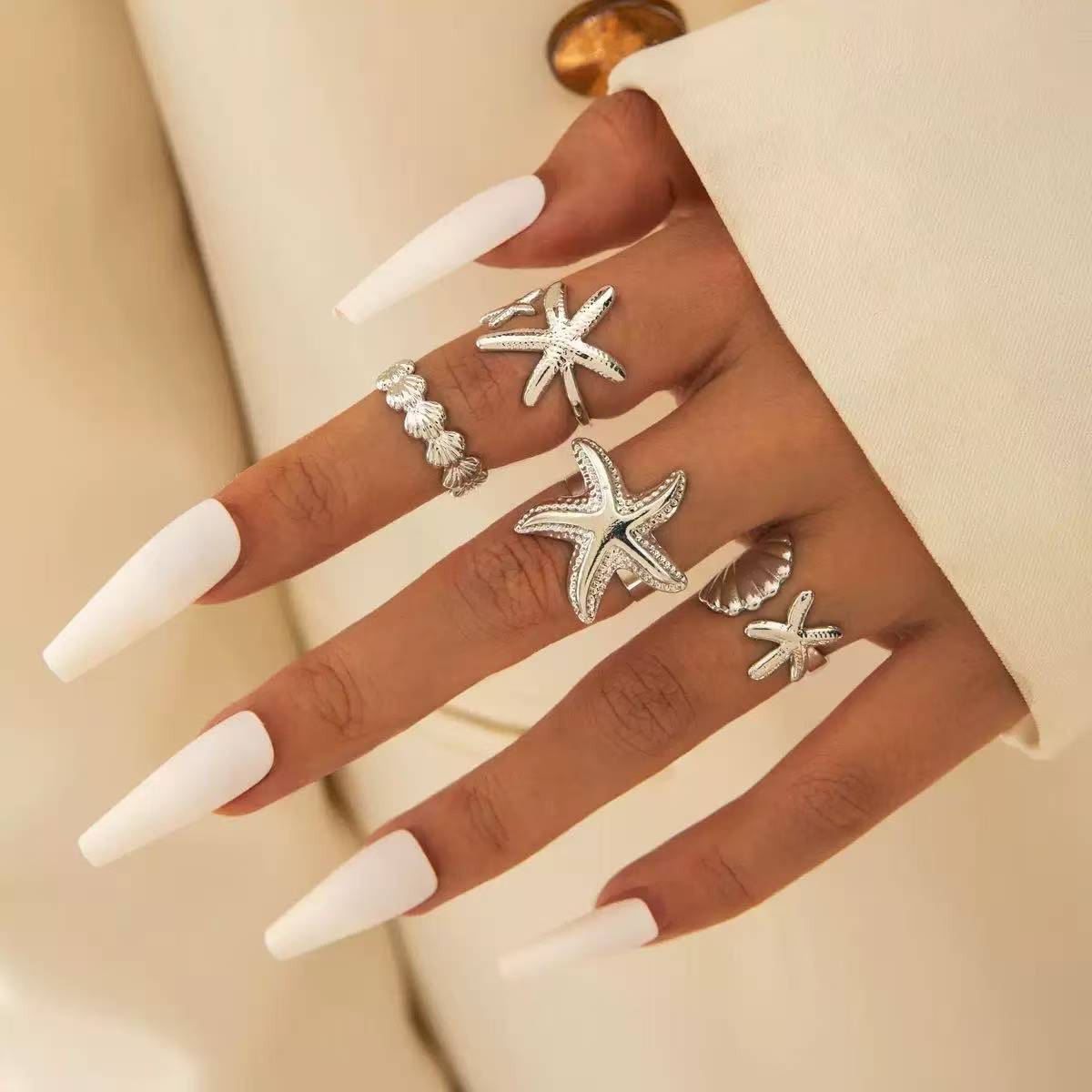 4PCS Women's Rings Set Starfish Shell Leaf Ring Ocean Style Fashion Women Gold Stackable Exaggerated Jewelry Set For Daily Use Party Nightclub Beach Trip Summer Vacation Birthday Gift For Her