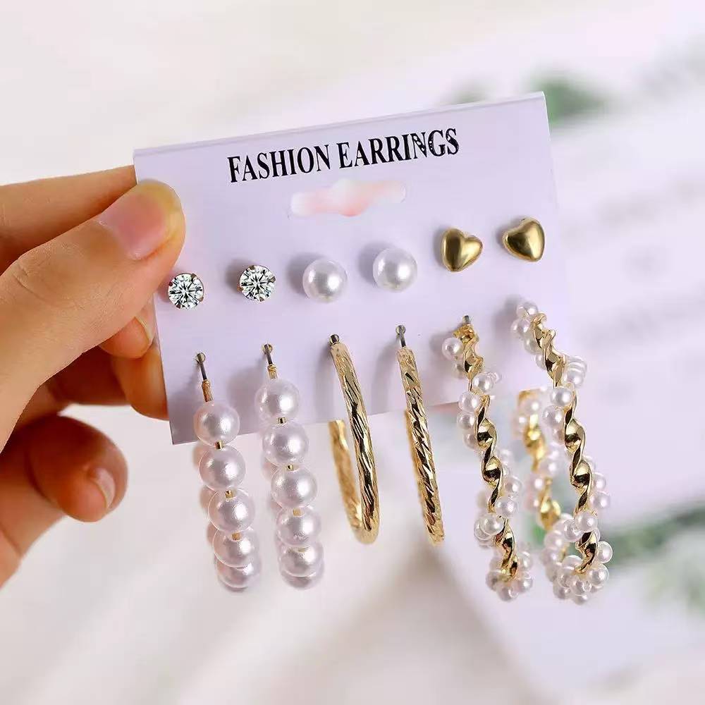 12PCS Earrings Women's Oversized Earrings Pearl Diamond Love Stud Earrings 6 Sets Gold Exaggerated Earrings Stud Earrings For Shopping And Mtching Everyday Wear Or Gifts