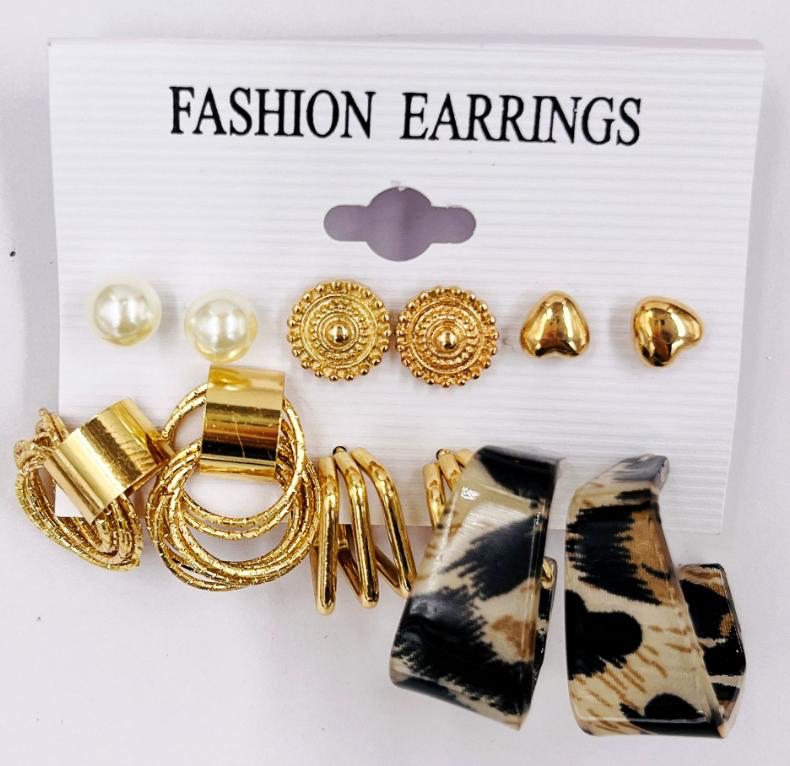 12Pcs Set Earrings Bohemian Style Women Leopard Print Fashion Wild Retro Geometric Circle Pearl Love Stud Gold Exaggerated Earrings Stud Earrings For Everyday Wear Or Gifts For Shopping And Mtching