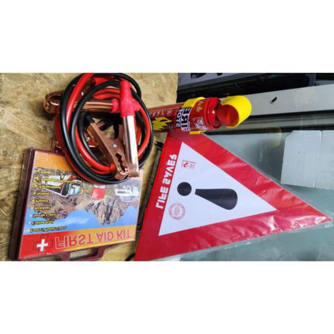 Car Safety Kit 4 in 1 - Life Saver Warning Triangles, Fire Extinguisher , First Aid Kit & Jumper Cables