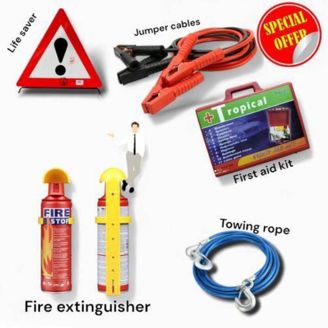Warning Triangles Sign Life Saver Pair Reflector,Fire Extinguisher ,towing rope & First Aid Kit Road Safety Emergency & Compliance Kit Set Warning Triangles Sign Life Saver Pair Reflector,Fire Exting