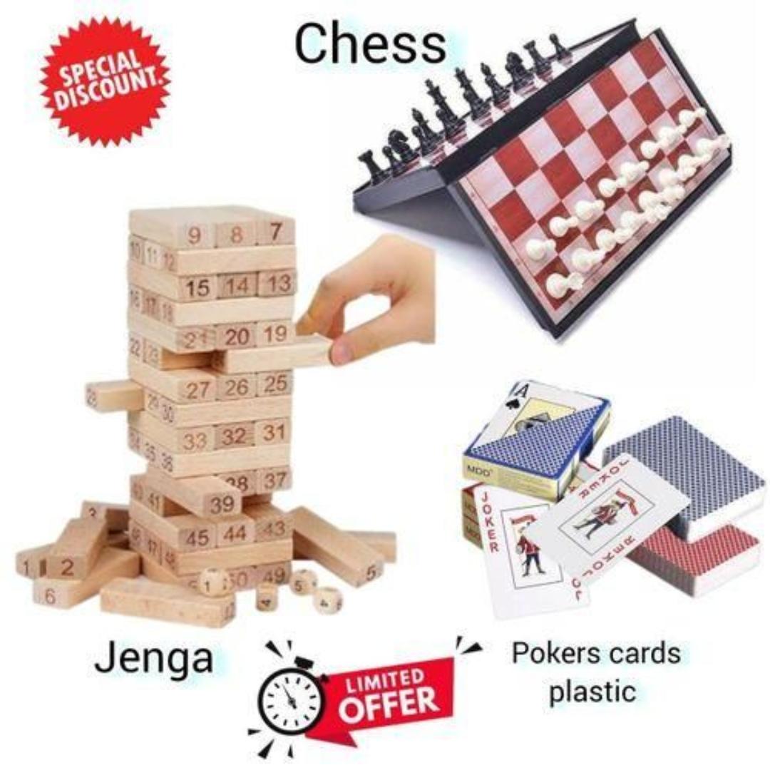 Combination Set Offer Jenga , Chess And Plastic Poker Cards