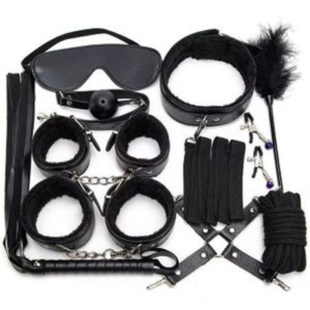 10 PCS Restraint Leather Set Sex Toy With Sex Blindfold Handcuffs And Ankle Cuffs BDSM Whip Sex Rope, Bondage Restraint Kits For Couples SM Games, Restraint Set For Sex