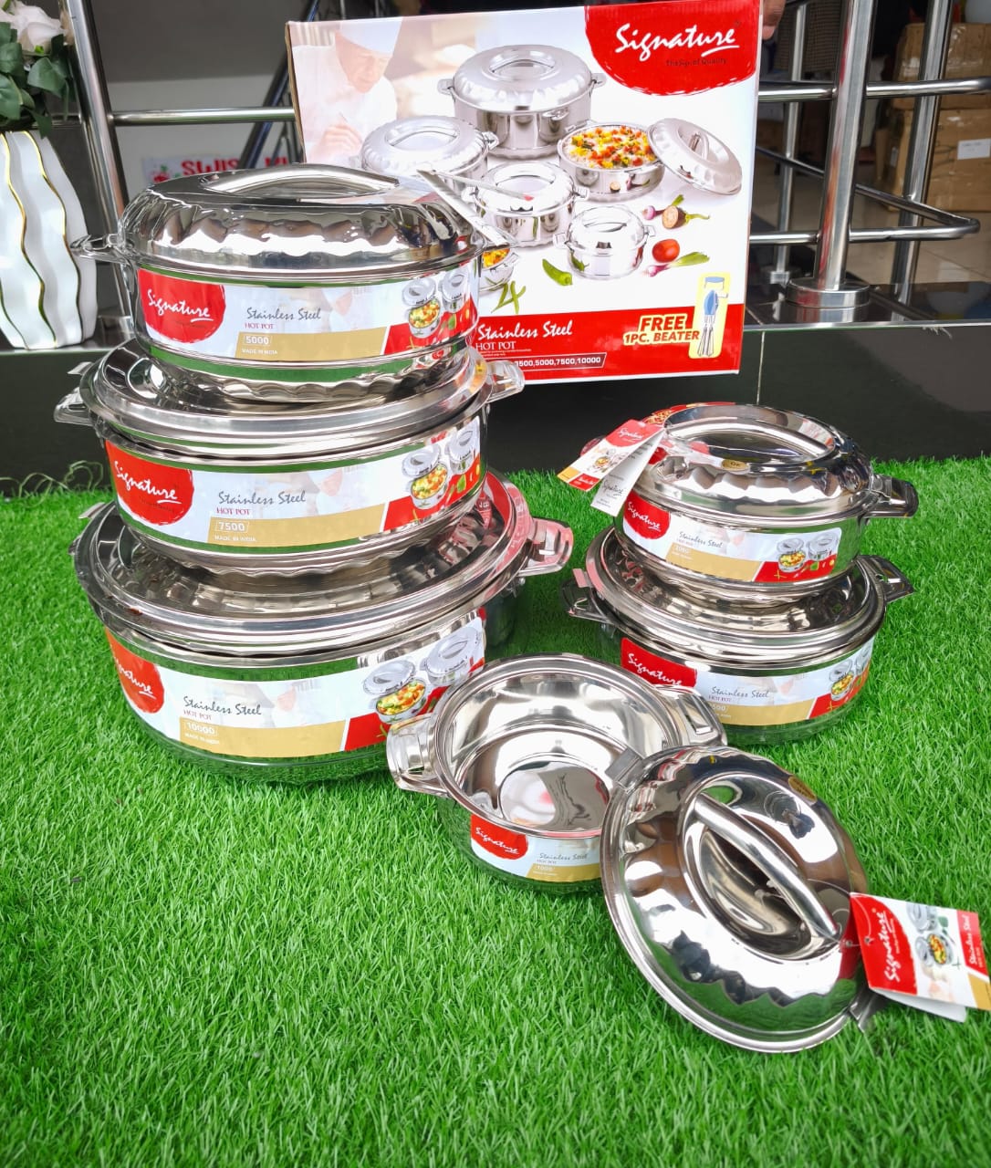 🍲 6pcs Big Stainless Steel Insulated Hotpots ✨ Capacities 1, 2, 3.5, 5, 7.5 & 10L 💯 Keeps food hot & fresh, includes 2 serving spoons 🚀 Durable, stylish & perfect for home, catering & parties 🌟