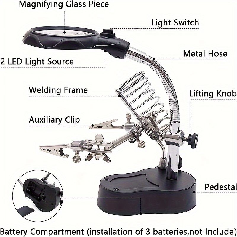 Adjustable LED Magnifying Glass - Illuminated Inspection Tool with Electronic Light, Folding Design, and Clip for Mobile Phone Repair, Hardware, and Electronics