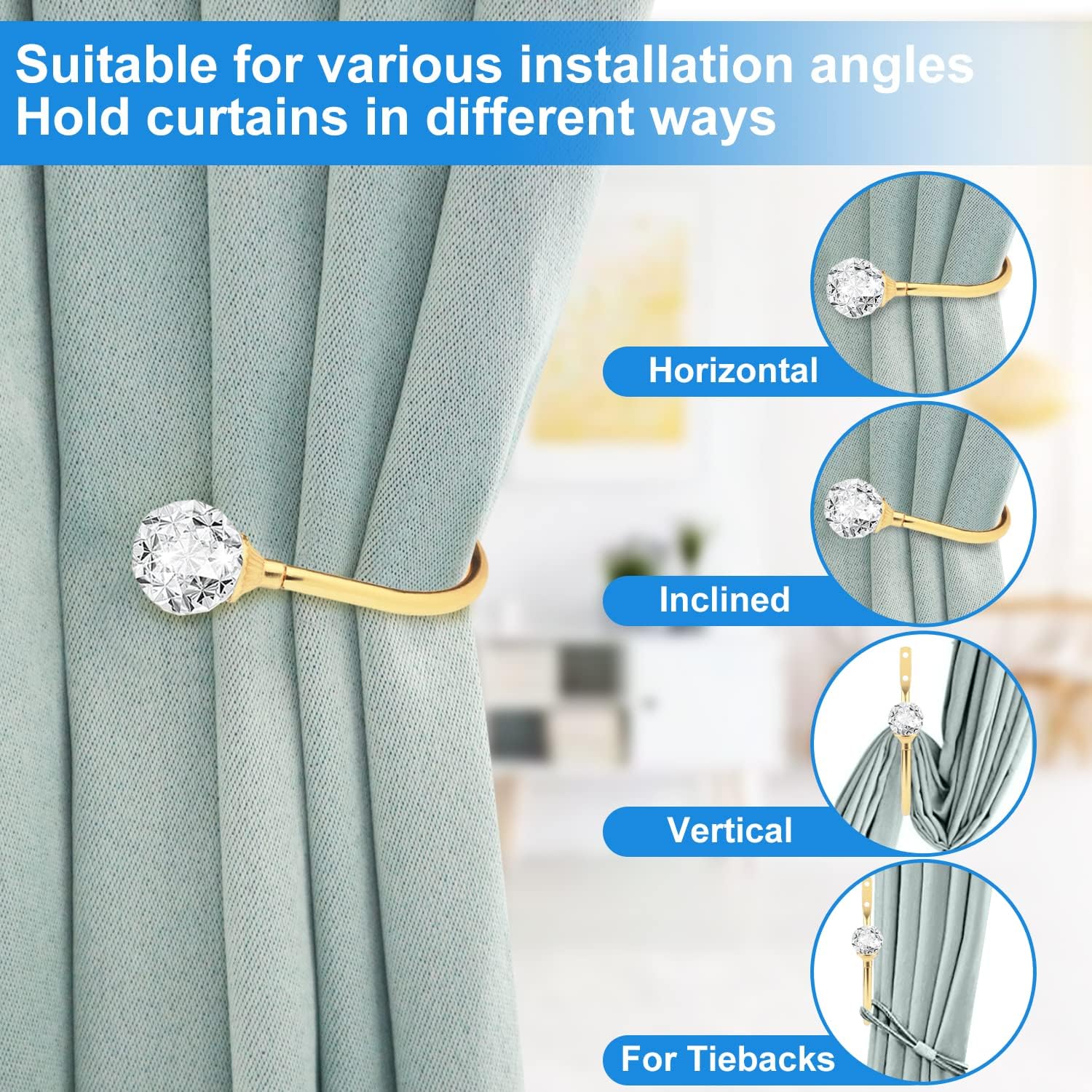 Curtain Holdbacks, Curtain Tiebacks Curtain Hooks For Drapes With Clear Crystal Ball, Wall Mounted Window Curtain Holder For Home Decor