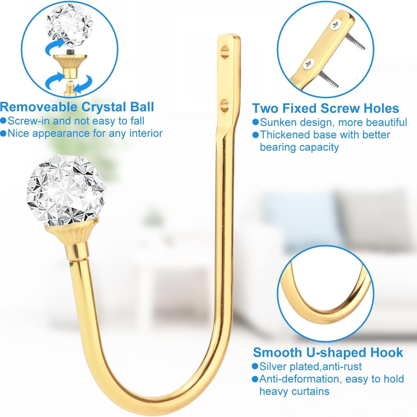 Curtain Holdbacks, Curtain Tiebacks Curtain Hooks For Drapes With Clear Crystal Ball, Wall Mounted Window Curtain Holder For Home Decor