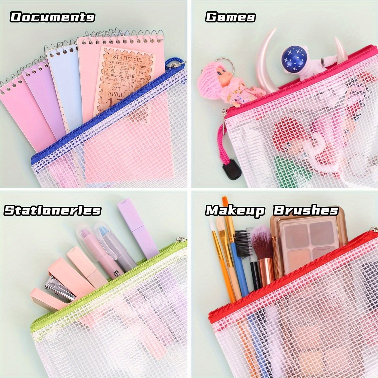 A4  A5  A6 Size Colorful Mesh Zipper Pouches - Reusable Travel and Office Storage Bags  Durable, Water-Resistant, and Easy to Clean