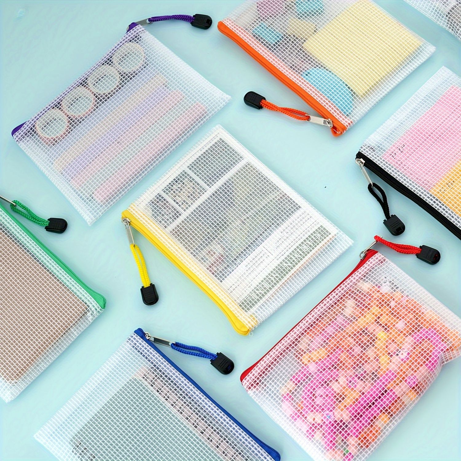 A4  A5  A6 Size Colorful Mesh Zipper Pouches - Reusable Travel and Office Storage Bags  Durable, Water-Resistant, and Easy to Clean