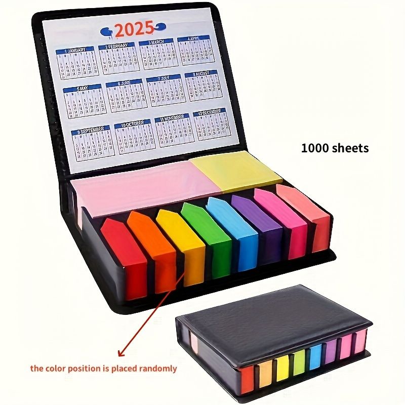 2026 Vibrant Sticky Notes Set with Faux Leather Organizer - Double-Sided Calendar, Multicolor Memo Pads for Office, School & Home Organization