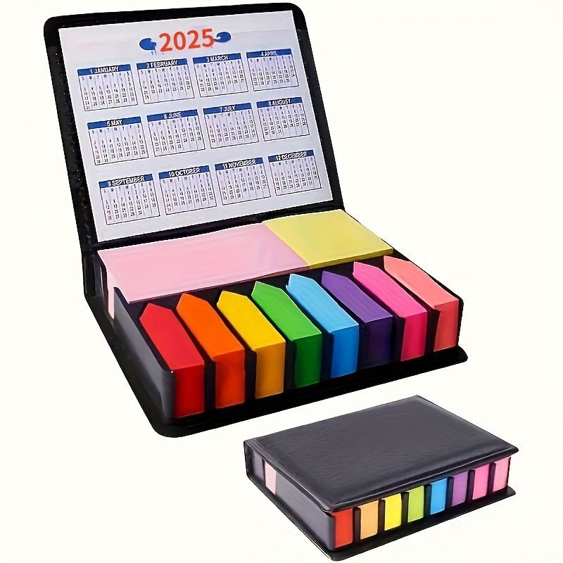 2026 Vibrant Sticky Notes Set with Faux Leather Organizer - Double-Sided Calendar, Multicolor Memo Pads for Office, School & Home Organization