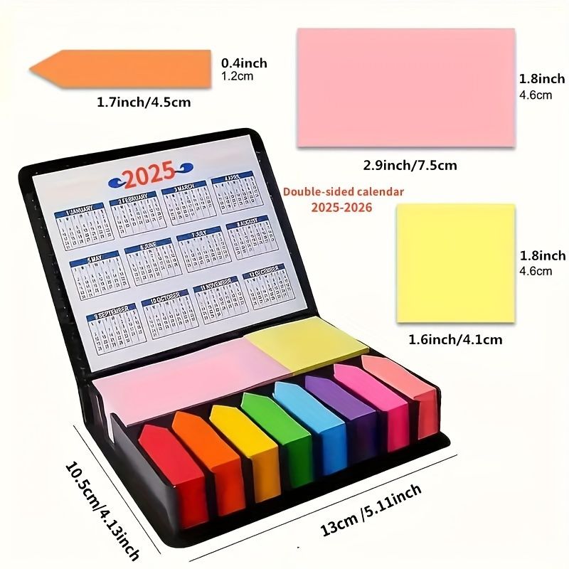 2026 Vibrant Sticky Notes Set with Faux Leather Organizer - Double-Sided Calendar, Multicolor Memo Pads for Office, School & Home Organization