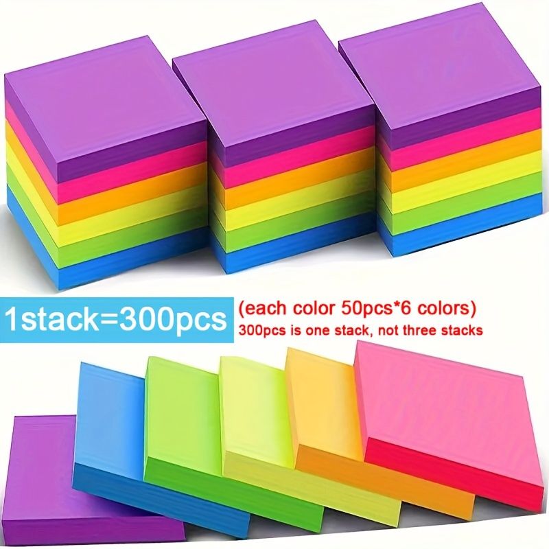 300Sheets  Vibrant Fluorescent Sticky Notes - Assorted Colors For Students & Office Use Cute Sticky Note Pads Colored Notebook Paper, Sticker Notes For Home message, Reminder message