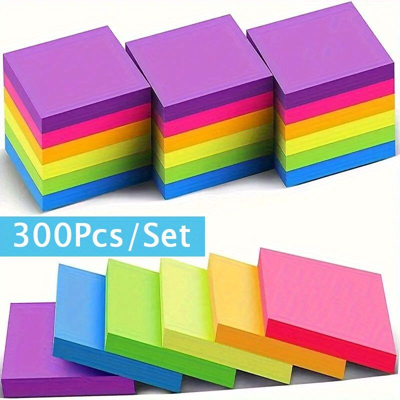 300Sheets  Vibrant Fluorescent Sticky Notes - Assorted Colors For Students & Office Use Cute Sticky Note Pads Colored Notebook Paper, Sticker Notes For Home message, Reminder message