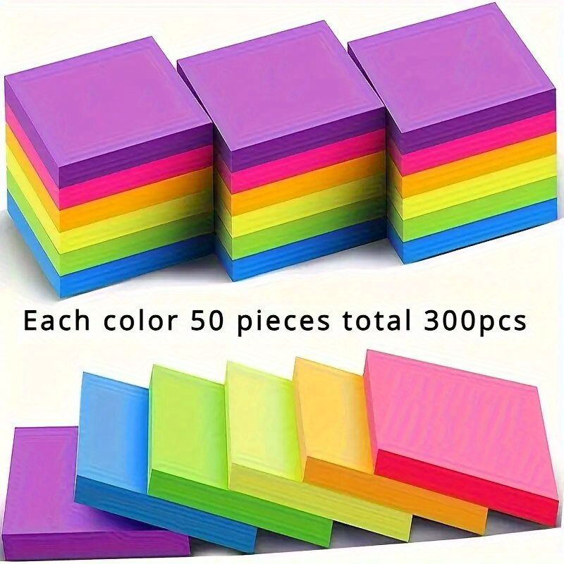 300Sheets  Vibrant Fluorescent Sticky Notes - Assorted Colors For Students & Office Use Cute Sticky Note Pads Colored Notebook Paper, Sticker Notes For Home message, Reminder message
