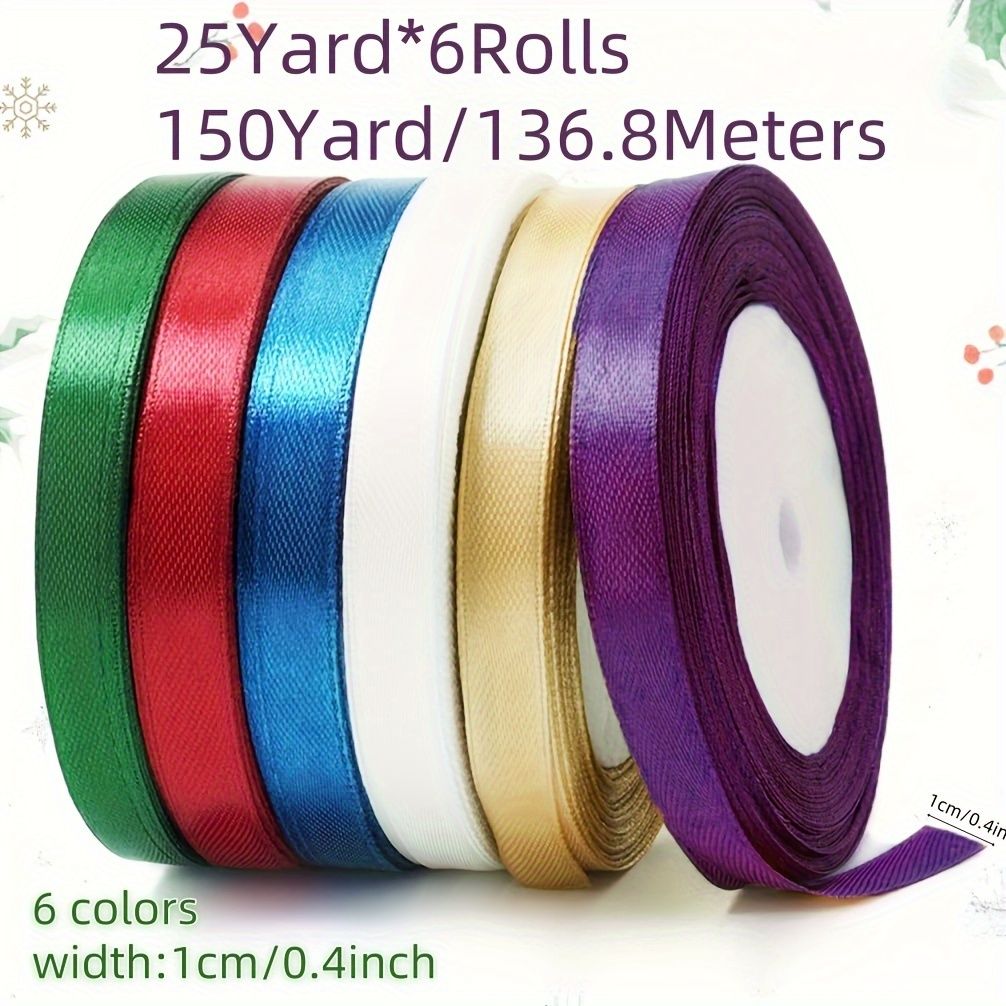 6 Rolls, 150 Yards Christmas Ribbon for Gift Wrapping, 3/8"Wide Holiday Satin Ribbon for Crafts, Fabric Christmas Wrapping Ribbon for Decorating Ornaments Wreath Present DIY Project, Ribbons for Bouqu