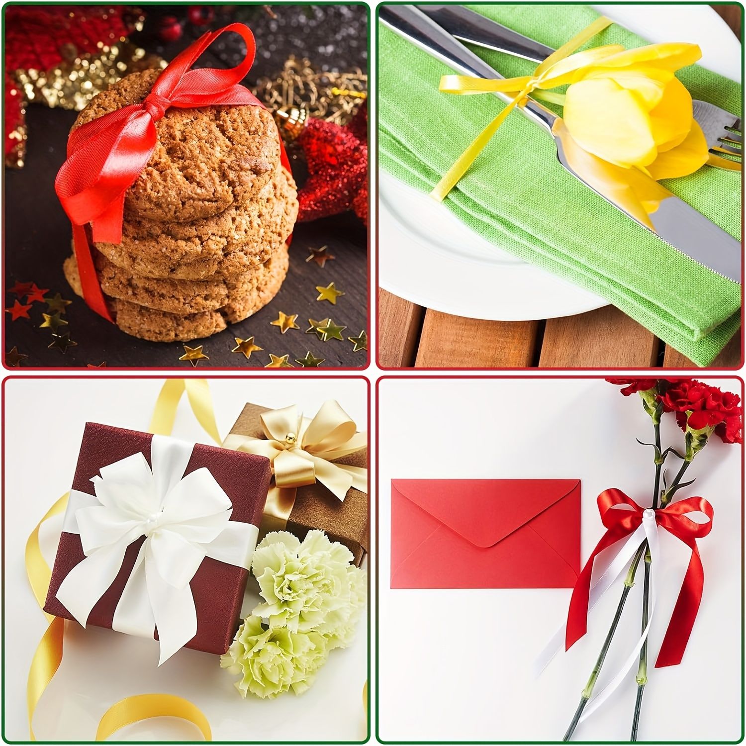 6 Rolls, 150 Yards Christmas Ribbon for Gift Wrapping, 3/8"Wide Holiday Satin Ribbon for Crafts, Fabric Christmas Wrapping Ribbon for Decorating Ornaments Wreath Present DIY Project, Ribbons for Bouqu