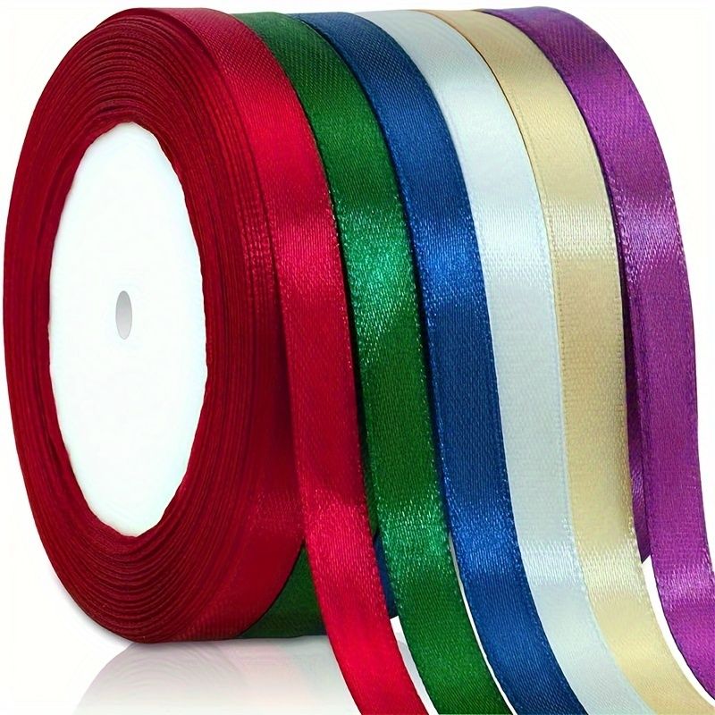 6 Rolls, 150 Yards Christmas Ribbon for Gift Wrapping, 3/8"Wide Holiday Satin Ribbon for Crafts, Fabric Christmas Wrapping Ribbon for Decorating Ornaments Wreath Present DIY Project, Ribbons for Bouqu