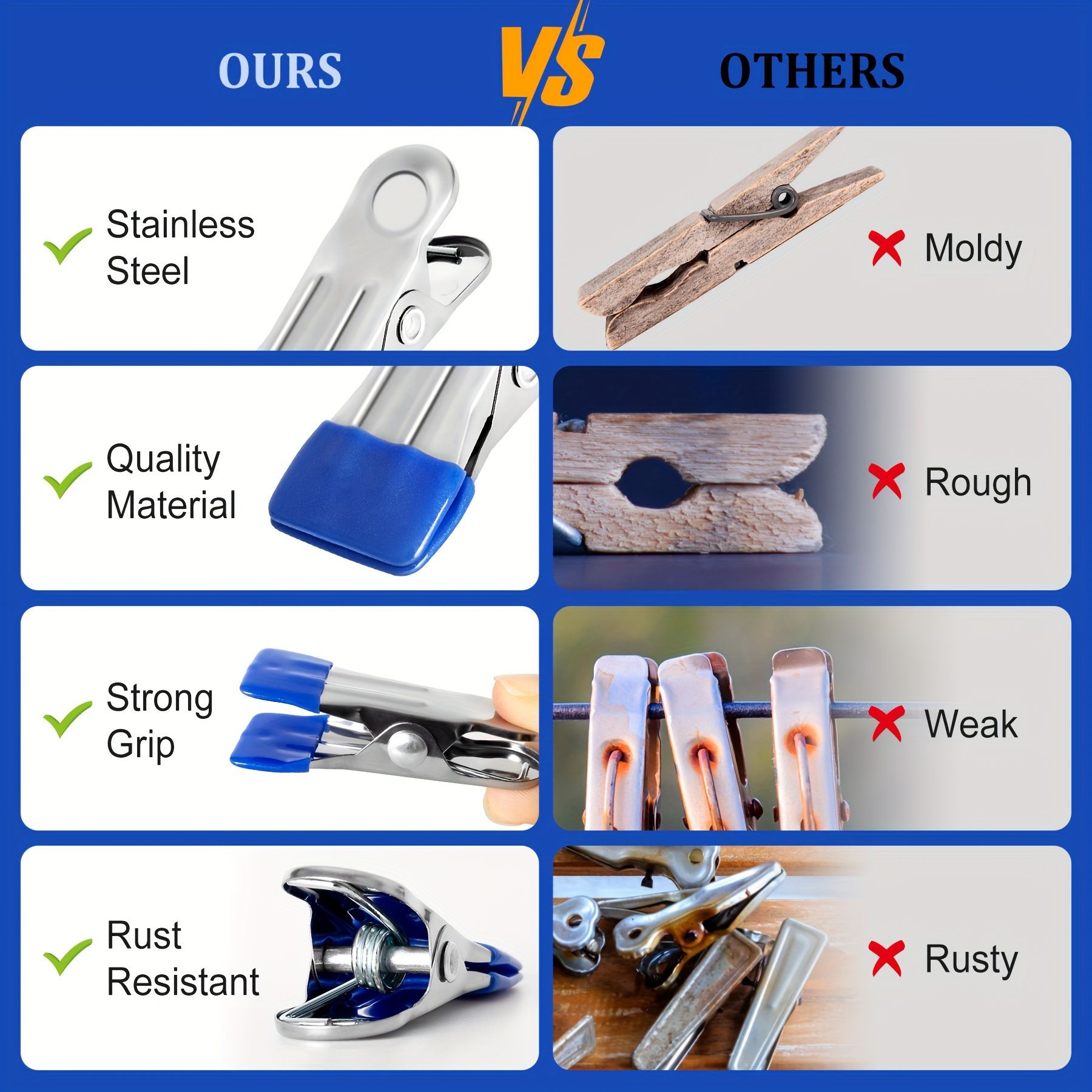 20PCS Heavy-Duty Stainless Steel Clothespins, Rustproof and Durable Multipurpose Grip Clips for Laundry, Photos, Food Bags, Beach Towels, and More