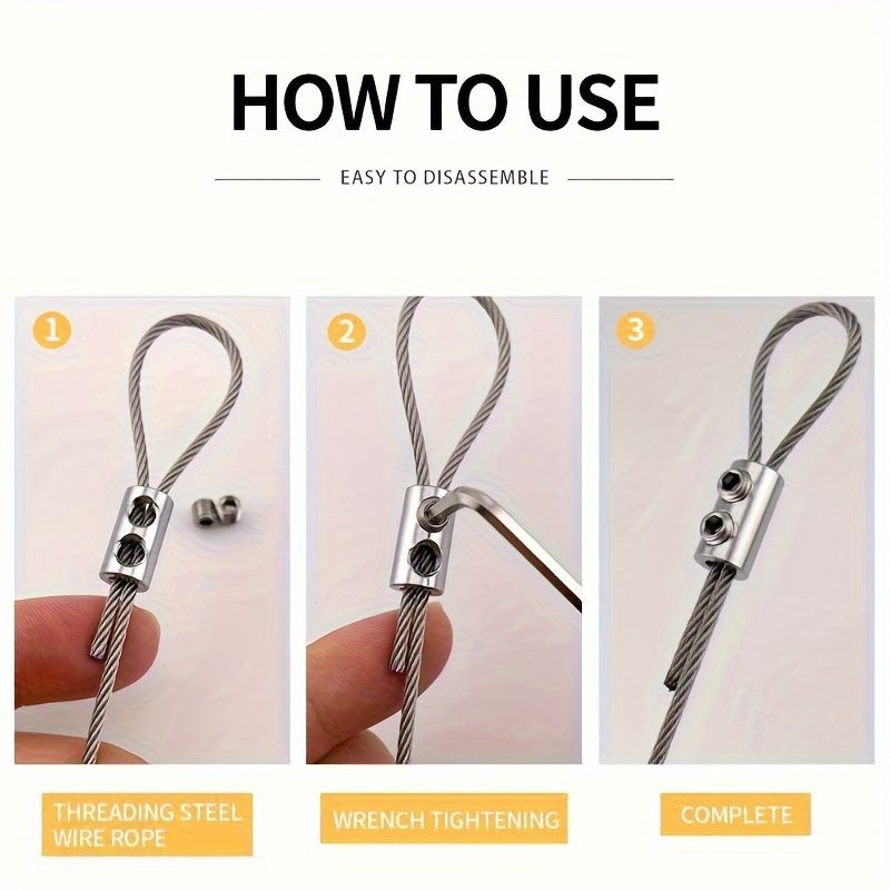 10pcs Stainless Steel Wire Rope Lock Clamps, Adjustable Self-Locking Fasteners, Double Hole Tightening, Telescopic & Fixed, for Home Renovation Locks, Battery-Free