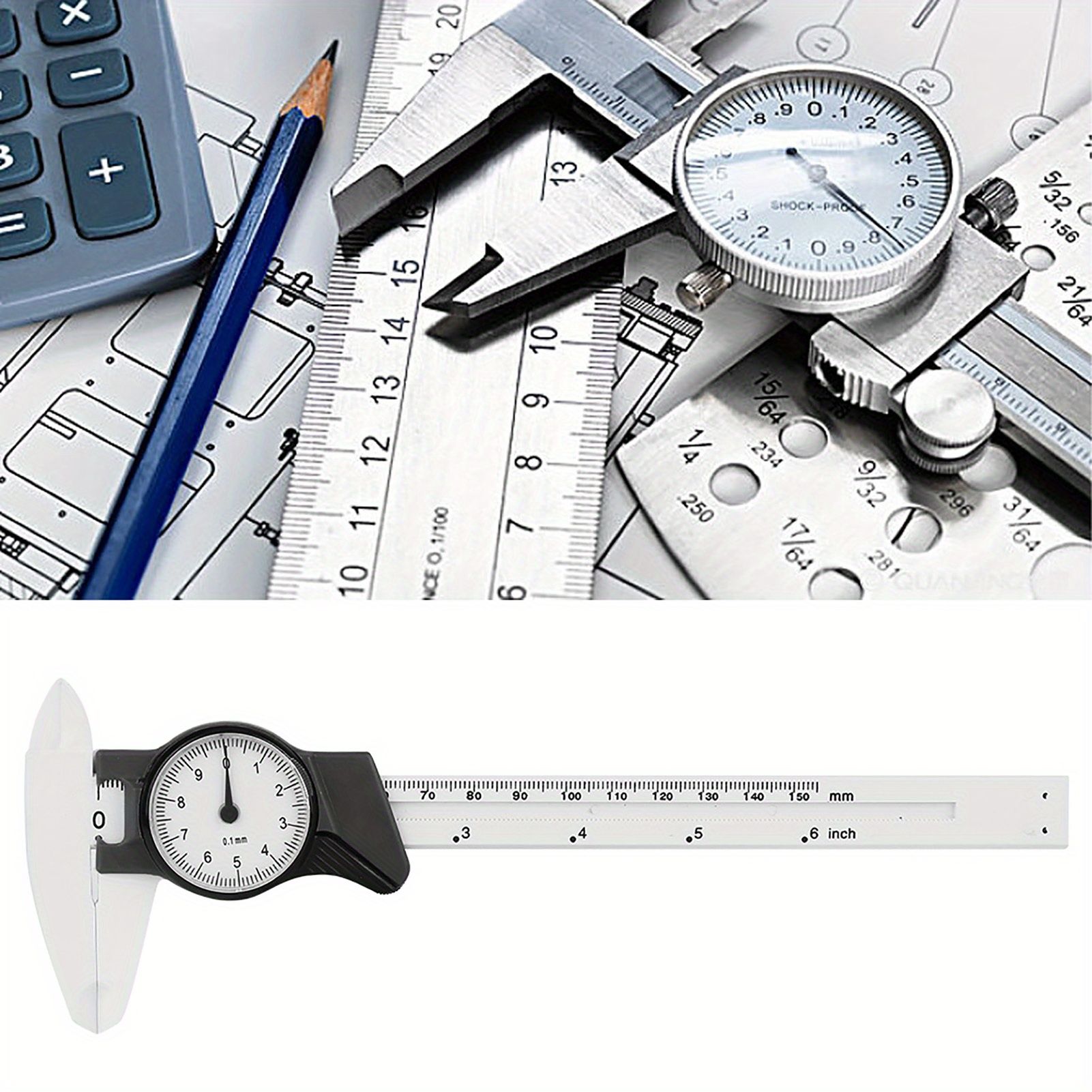 1pc Professional Digital Dial Vernier Caliper, 0-150mm Plastic Measuring Tool, 0.1mm Precision, Non-Electric, No Battery Required