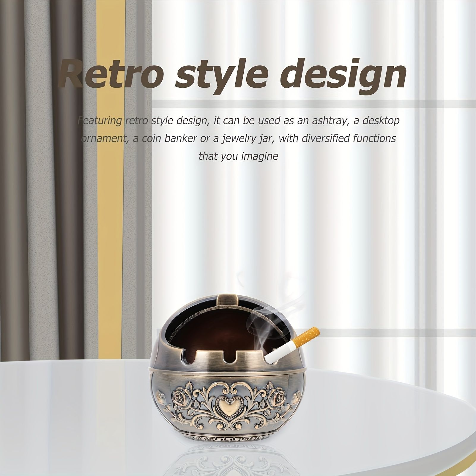 1pc Exquisite Three-Dimensional Carved Metal Ashtray with Windshield - Unique Retro Decor for Home and Office, Indoor and Outdoor Use, Stylish Gift for Friends and Family