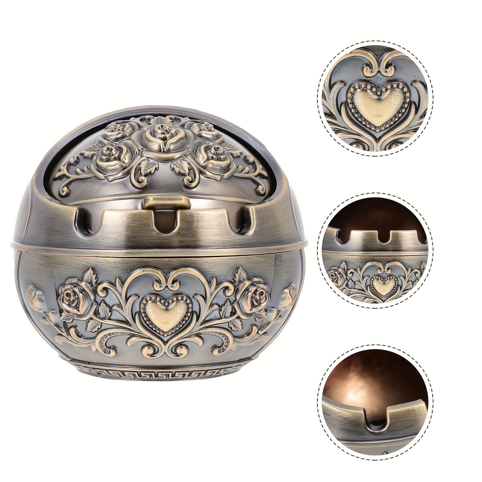 1pc Exquisite Three-Dimensional Carved Metal Ashtray with Windshield - Unique Retro Decor for Home and Office, Indoor and Outdoor Use, Stylish Gift for Friends and Family