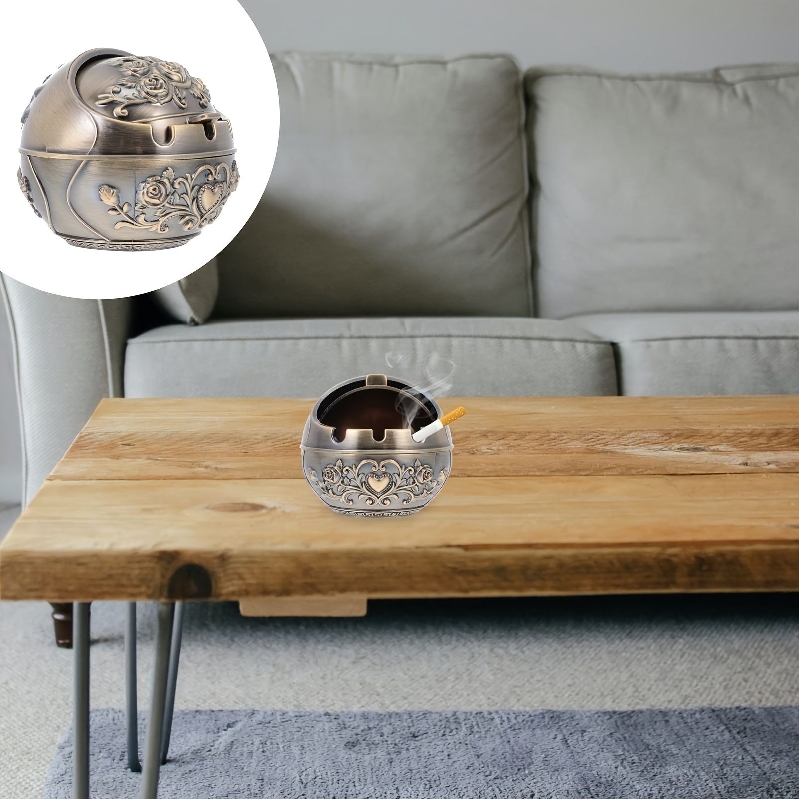 1pc Exquisite Three-Dimensional Carved Metal Ashtray with Windshield - Unique Retro Decor for Home and Office, Indoor and Outdoor Use, Stylish Gift for Friends and Family