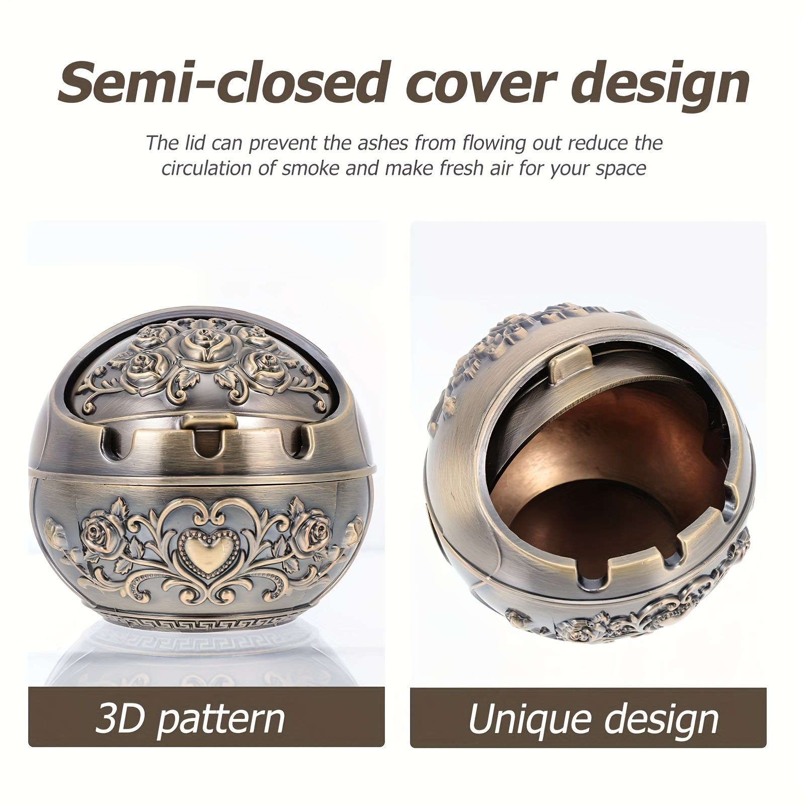 1pc Exquisite Three-Dimensional Carved Metal Ashtray with Windshield - Unique Retro Decor for Home and Office, Indoor and Outdoor Use, Stylish Gift for Friends and Family