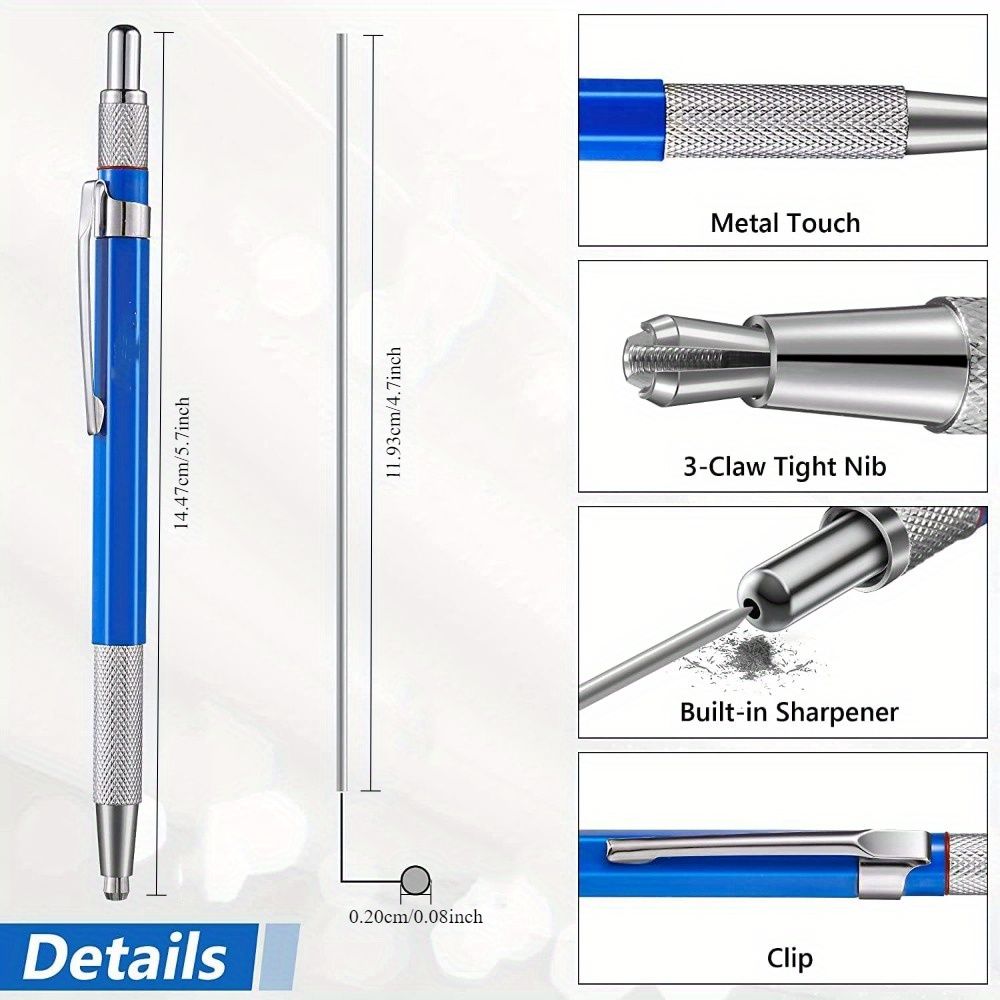 Metal Mechanical Pencils with Built-in Sharpener + 12Pcs Silver Round Refills for Pipe Fitter, Welder, Steel Construction, Fabrication, and Woodworking