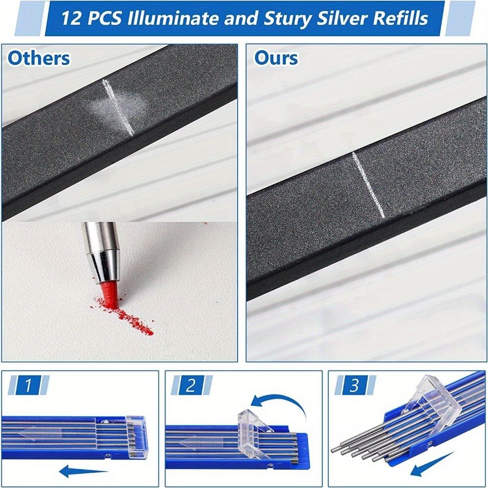 Metal Mechanical Pencils with Built-in Sharpener + 12Pcs Silver Round Refills for Pipe Fitter, Welder, Steel Construction, Fabrication, and Woodworking