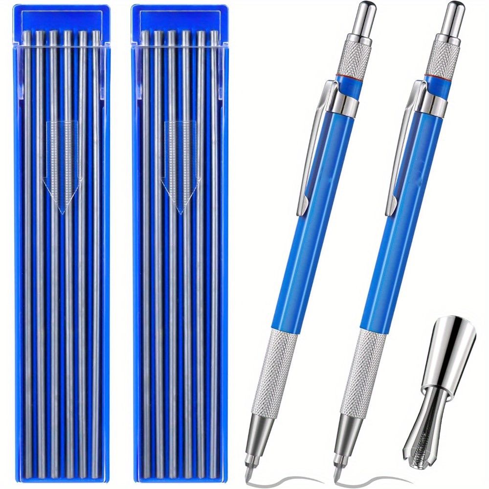 Metal Mechanical Pencils with Built-in Sharpener + 12Pcs Silver Round Refills for Pipe Fitter, Welder, Steel Construction, Fabrication, and Woodworking