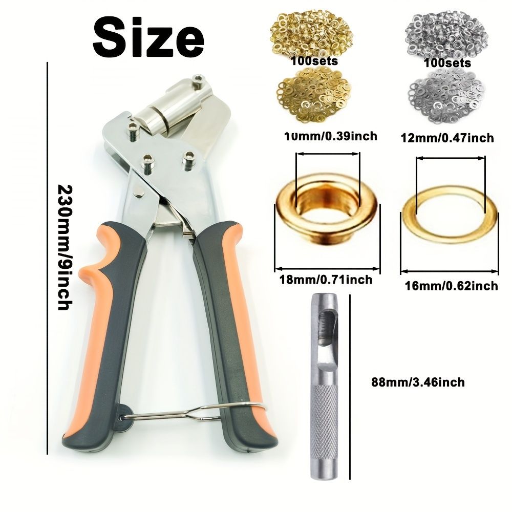 100Sets 10mm Rings Complete Eyelet Punch Set - Ideal for DIY Tarpaulin, Faux Leather & Waterproof Fabric Projects, Sewing & Crafting Essentials