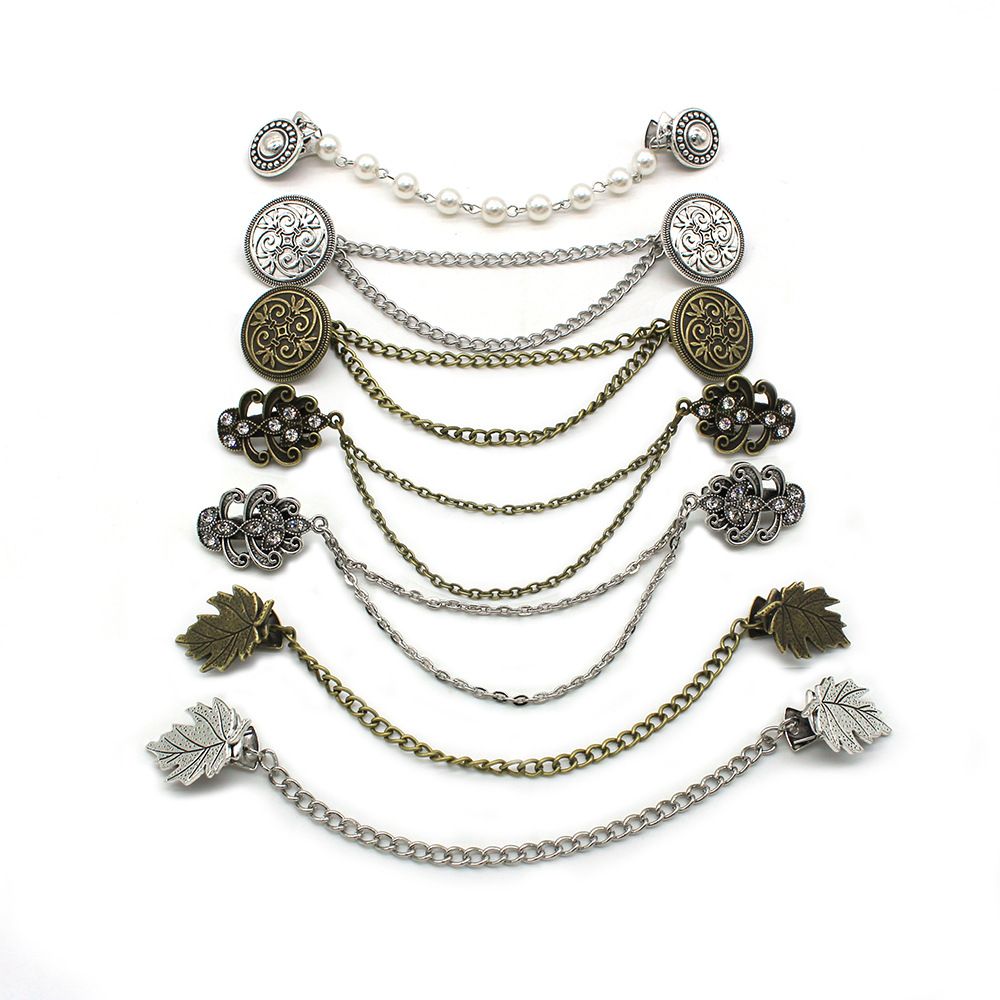 2PCS Suit Brooch, Retro Sweater Collar Clip, Tassel Chain, High-end Banquet Diamond-studded Shirt Collar Chain, Cardigan Clip