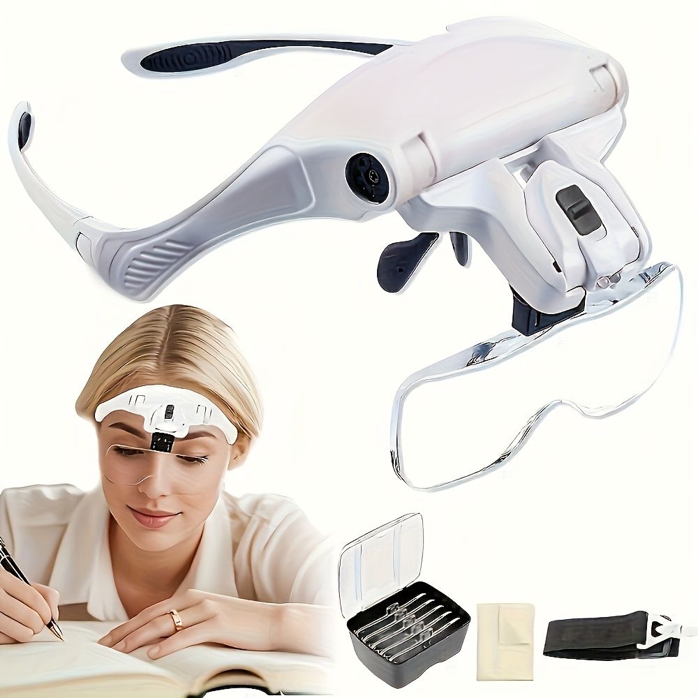 Head-mounted Magnifying Glass with LED Lighting, Adjustable Headband, 5 Interchangeable Lenses 1.0X, 1.5X, 2.0X, 2.5X, 3.5X for Reading, Maintenance, Jewelry Processing, Electronic Maintenance, Handic