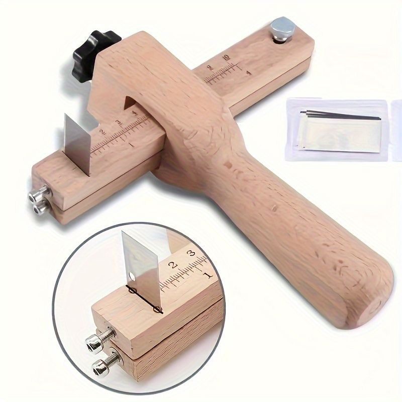 1pc Adjustable Wooden Leather Strap Maker with 5 Replacement Blades for DIY Leathercraft and Gardening Tools Craft Belt Cutter