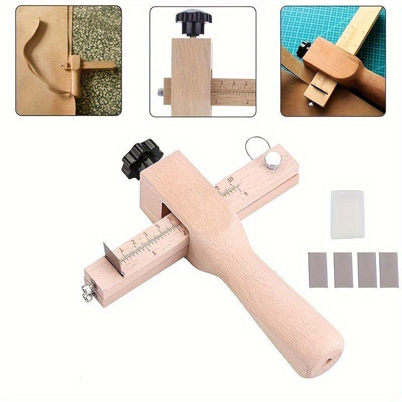 1pc Adjustable Wooden Leather Strap Maker with 5 Replacement Blades for DIY Leathercraft and Gardening Tools Craft Belt Cutter