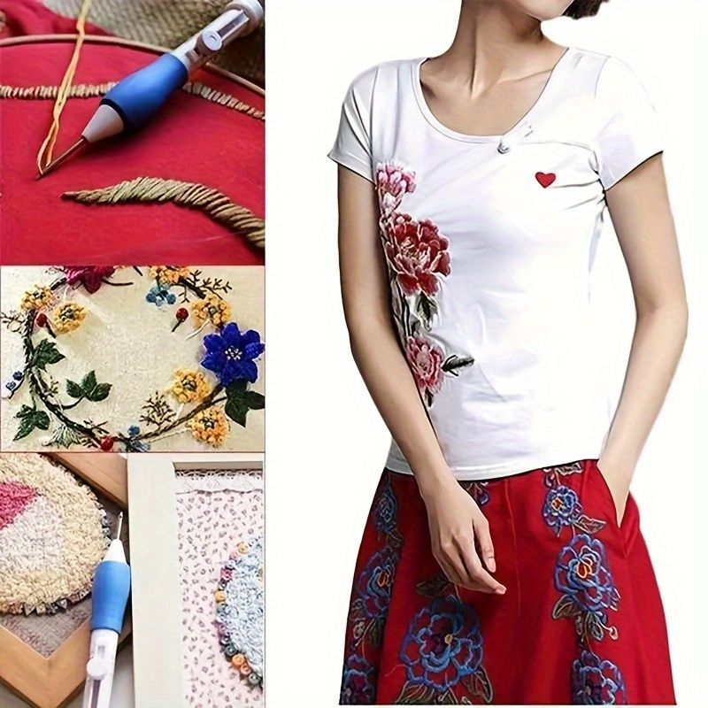 1 Piece Magic Embroidery Pen Set, Embroidery Threading Needle Kit, Adjustable Needle Size for DIY Sewing, 3 Needles with Threader and Scissors, Ergonomic Fabric Craft Design